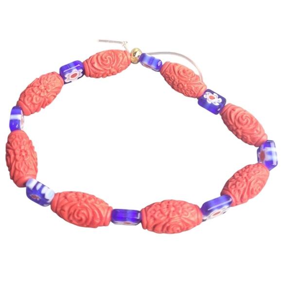 Carved Cinnabar Barrel Millefiori Lampwork Floral Glass Bracelet - Picture 2 of 2